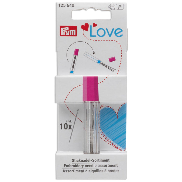  Prym Love embroidery needle assortment packaging with needles on a white background
