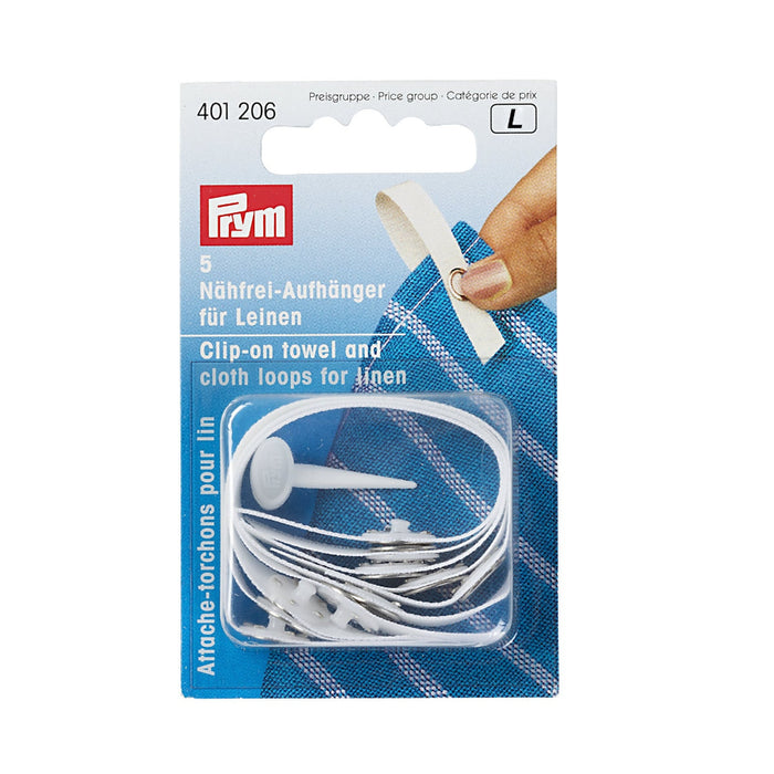 Packaging of clip-on towel and cloth loops for linens with Prym branding.