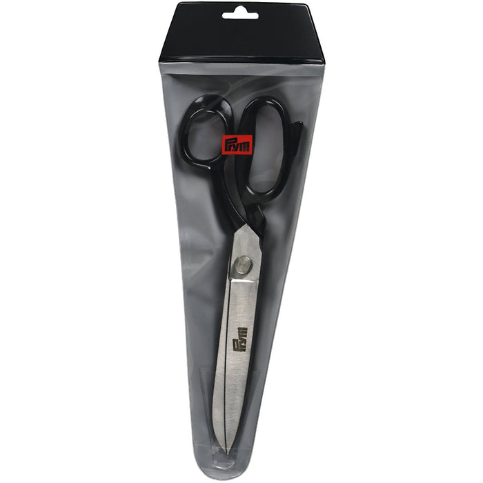 Black-handled scissors in a clear packaging box on a white background
