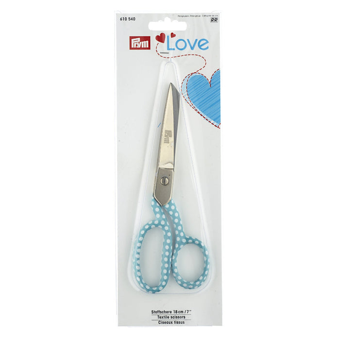 Pair of scissors with blue handles in a Prym branded packaging on a white background