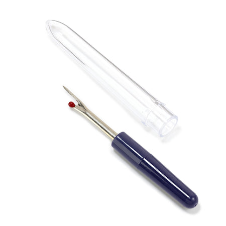 Stitch ripper with clear cover and blue handle on white background