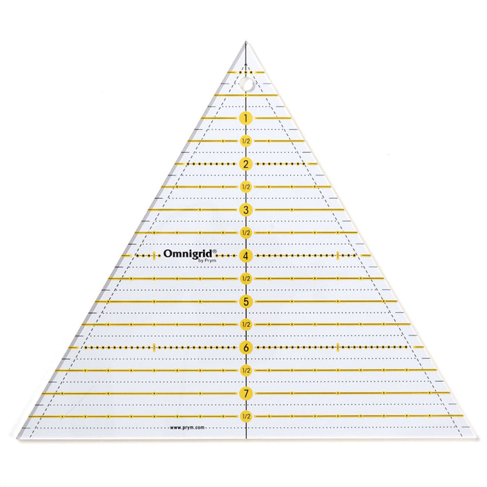 Triangle-shaped ruler with measurement markings on a white background.