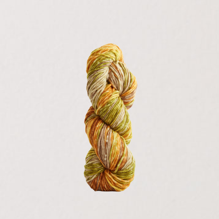 Multicolored skein of yarn on a light gray background
