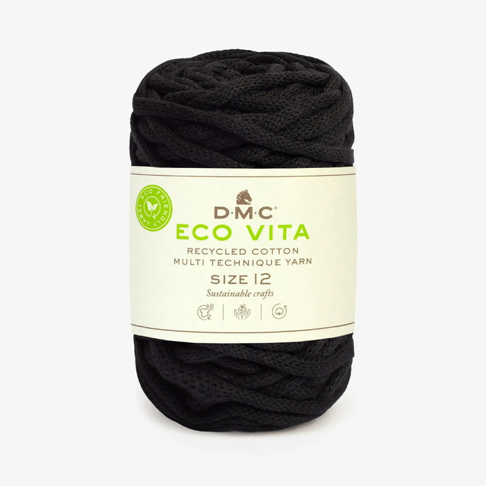 Black yarn ball with DMC Eco Vita label on a white background