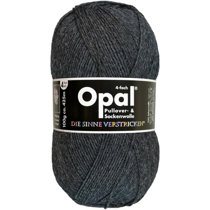 Ball of anthracite yarn with Opal label on a white background