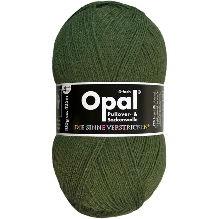 Green skein of yarn with Opal label on a white background