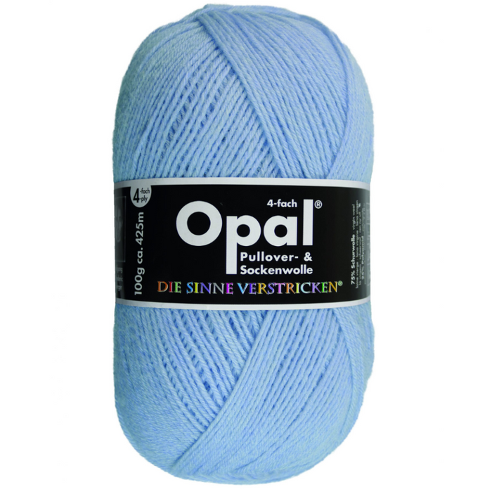 Light blue skein of yarn with Opal label on a white background