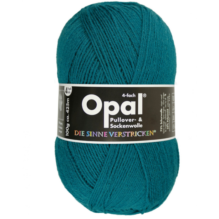 Teal skein of yarn with Opal label on a white background