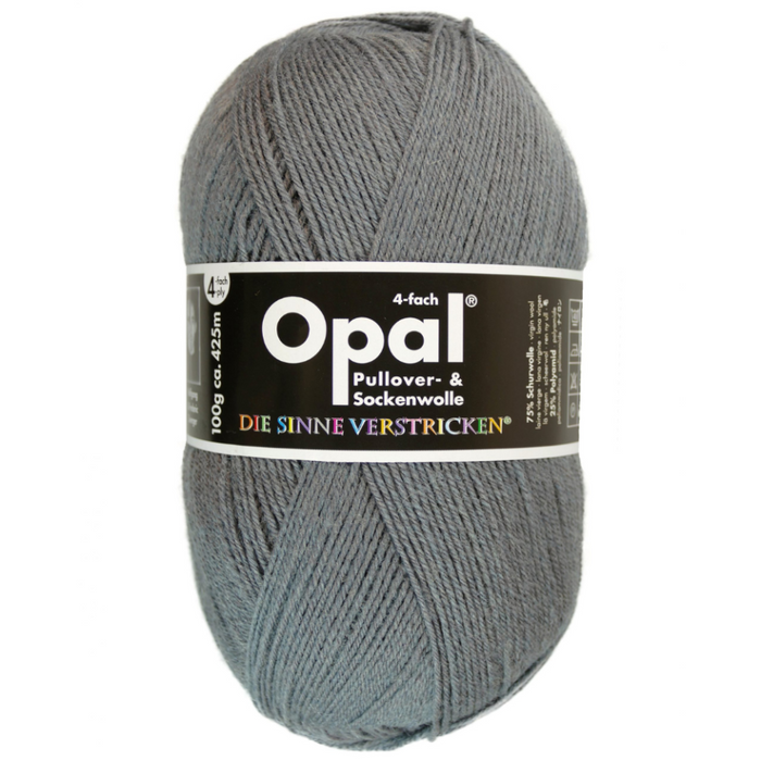 Gray skein of yarn with Opal label on a white background