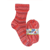 Red patterned sock and ball of yarn with Opal label on a white background