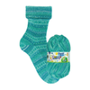 Teal sock and yarn ball with Opal Heroes label on a white background