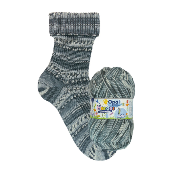 Gray patterned sock with matching yarn on a white background