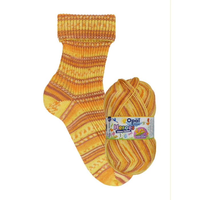 Yellow striped sock and ball of yarn with Opal label on a white background