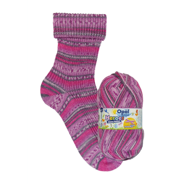 Pink and purple striped sock with matching yarn ball on a white background