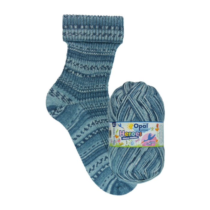 Blue knitted sock and ball of yarn with Opal Heroes label on a white background