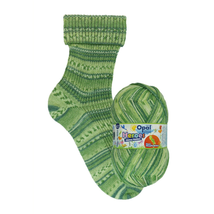Green knitted sock and yarn ball with Opal label on a white background