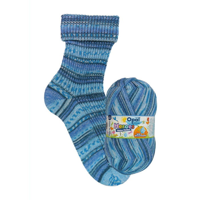 Blue striped sock and ball of yarn with Opal label on a white background