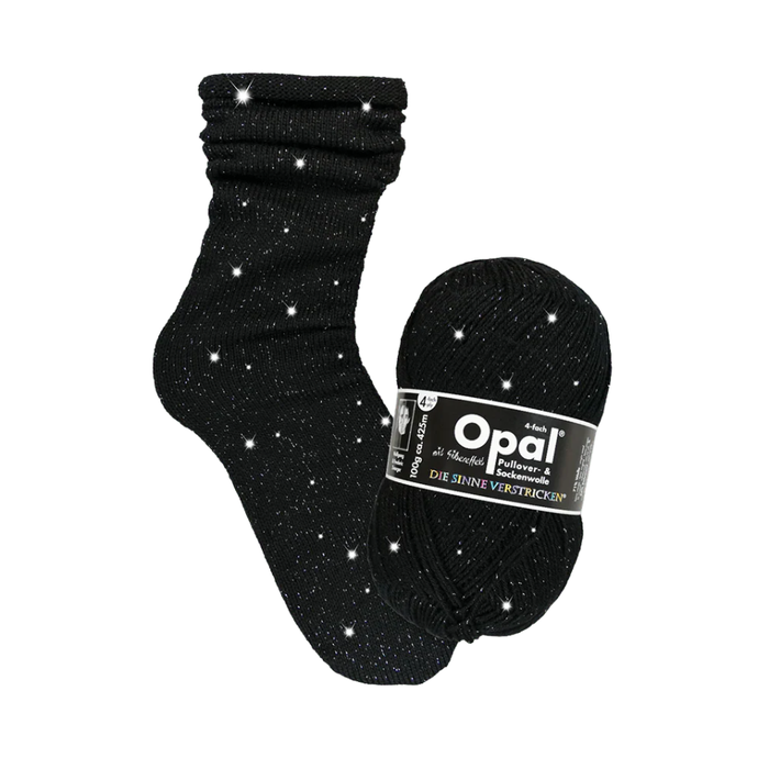 Black glittery knitted sock andyarn ball with Opal label on a white background