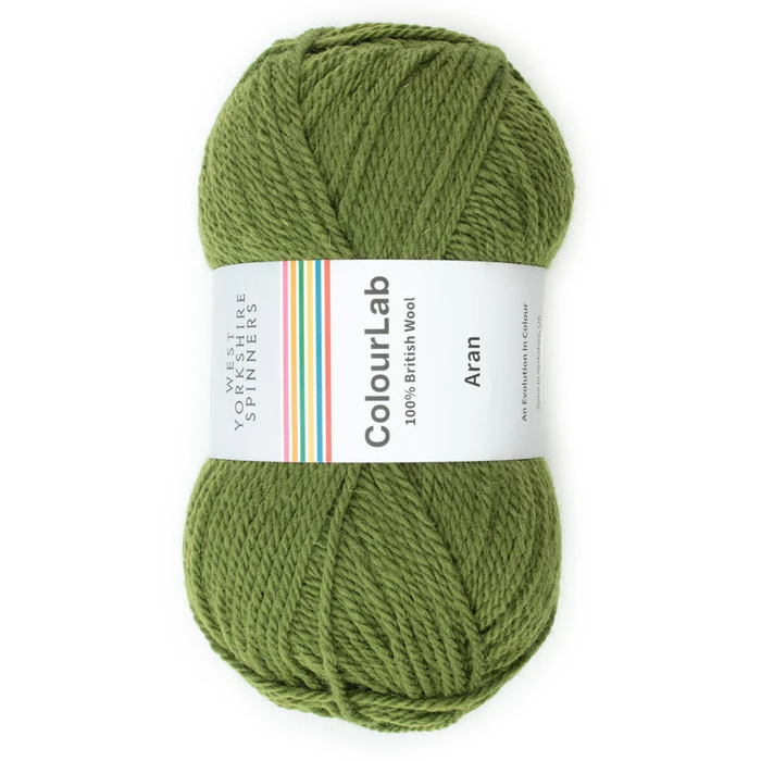 Green skein of yarn with a ColourLab label on a white background
