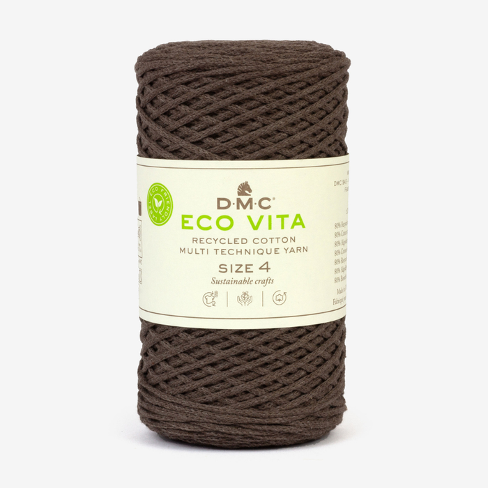 Brown yarn ball with DMC Eco Vita label on a white background