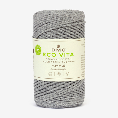 Gray yarn ball with DMC Eco Vita label on a white background