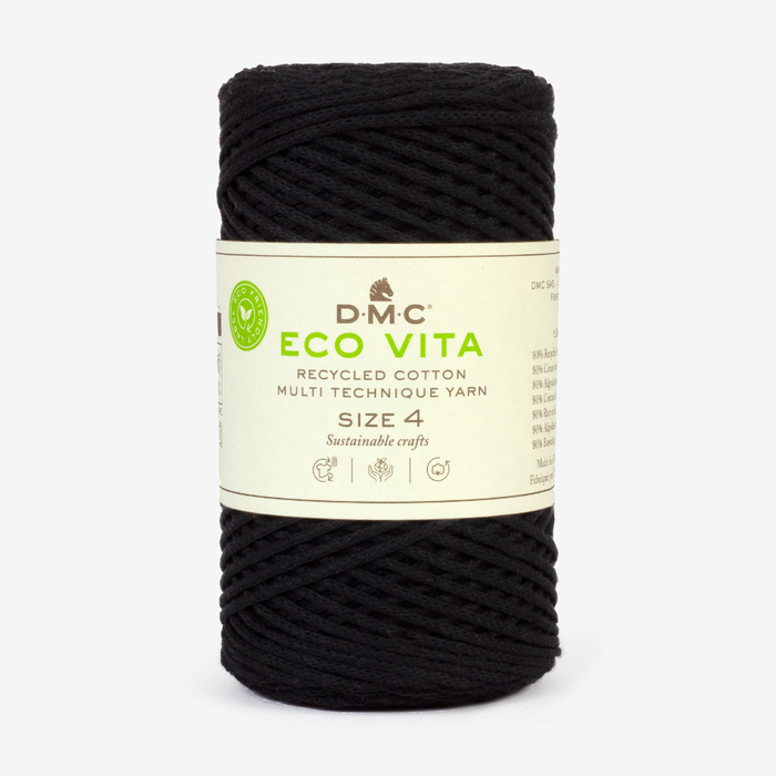 Black yarn ball with DMC Eco Vita label on a white background