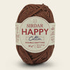 Brown ball of yarn with a Sirdar Happy Cotton label on a beige background