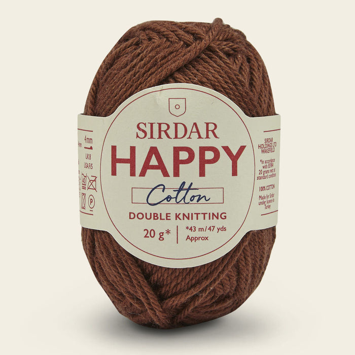 Brown ball of yarn with a Sirdar Happy Cotton label on a beige background