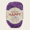 Purple ball of Sirdar Happy Cotton yarn on a beige background