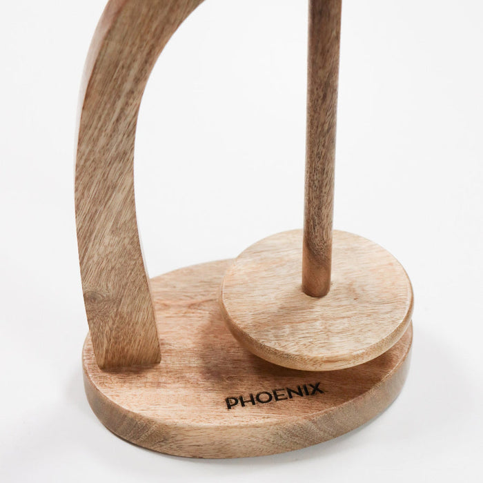 Wooden stand with 'Phoenix' branding on a white background