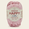 Ball of pink yarn with a Sirdar Happy Cotton label on a white background