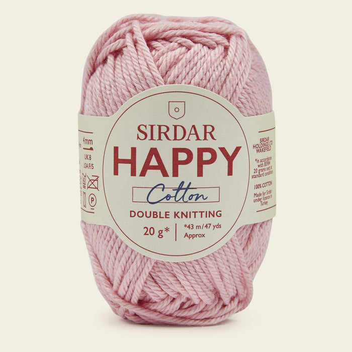 Ball of pink yarn with a Sirdar Happy Cotton label on a white background