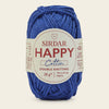 Blue ball of Sirdar Happy Cotton yarn on a white background
