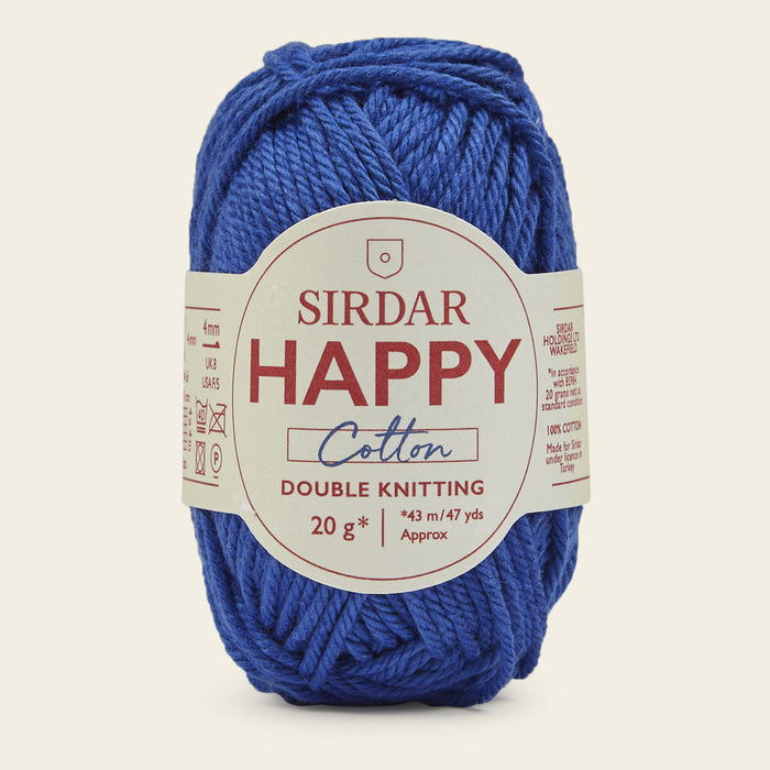 Blue ball of Sirdar Happy Cotton yarn on a white background