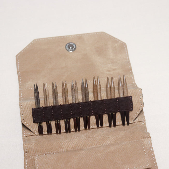 lykke umber 3.5 inch interchangeable knitting needle set in tan fabric.